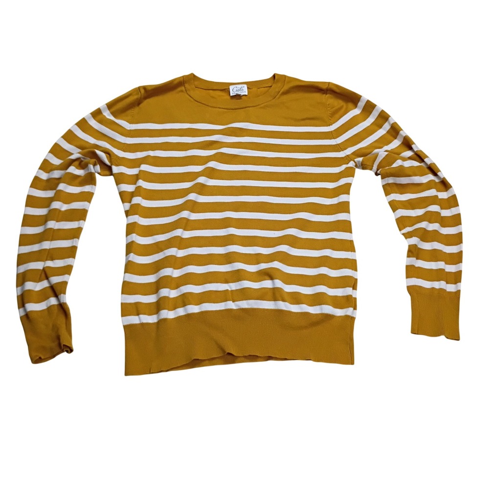 Cielo Sweater Womens L Mustard Yellow Striped Crew Neck Knit Pullover